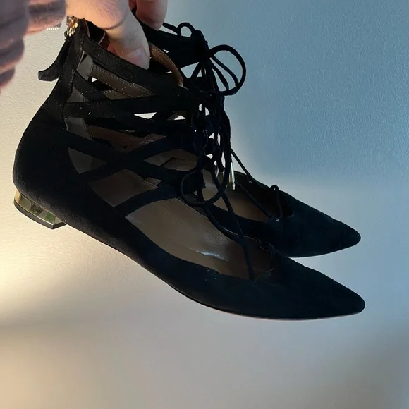 Aquazzura Belgravia LaceUp Pointed Toe Ballet Flats Black Cutout Suede Size 7.5 - Picture 3 of 7